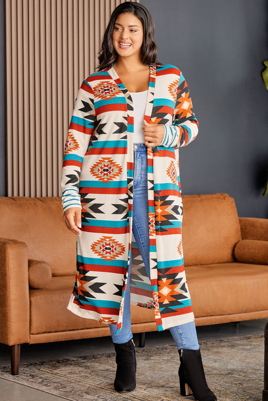 Plus Size Geometric Print Open Front Long Cardigan