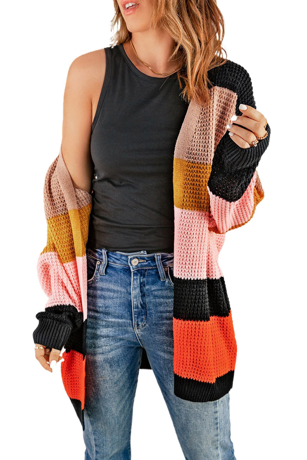 Cardigan ouvert sur le devant en tricot gaufré multicolore