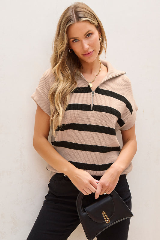 Khaki Stripe Zipped Collar Short Sleeve Sweater