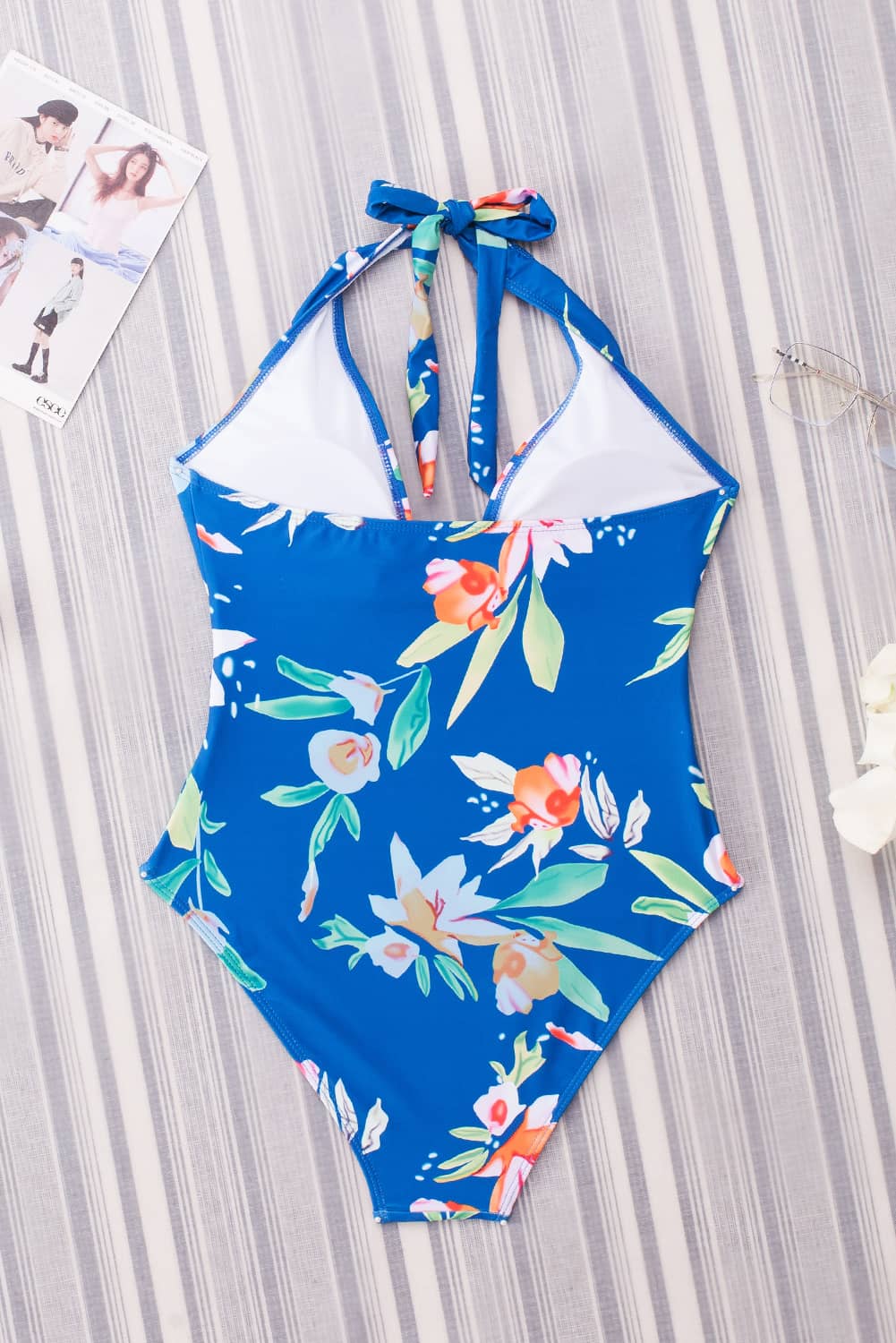 Floral Print Deep V Halter Backless One-piece Swimwear