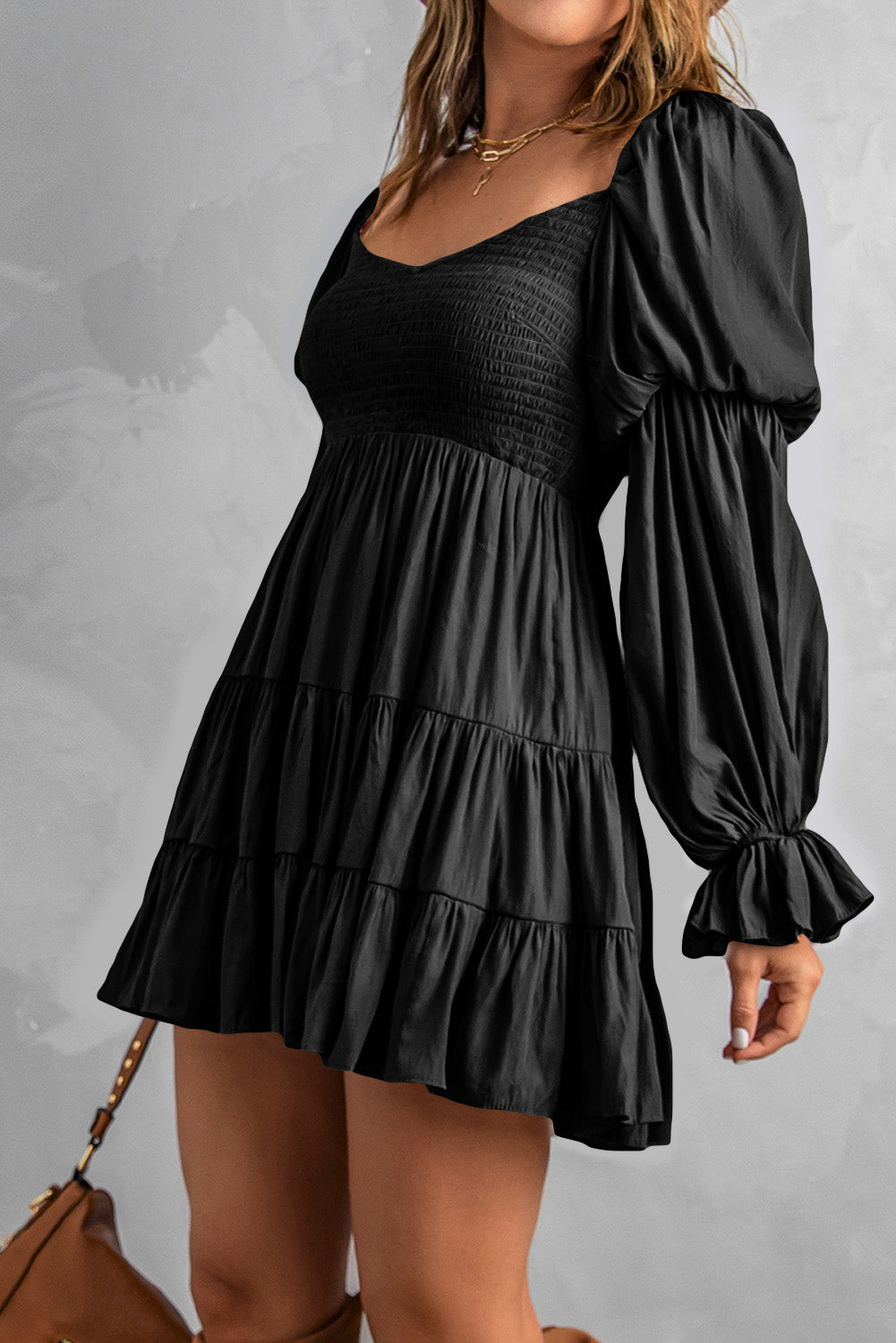 Boho Solid Shirred Ruffle Mini Dress