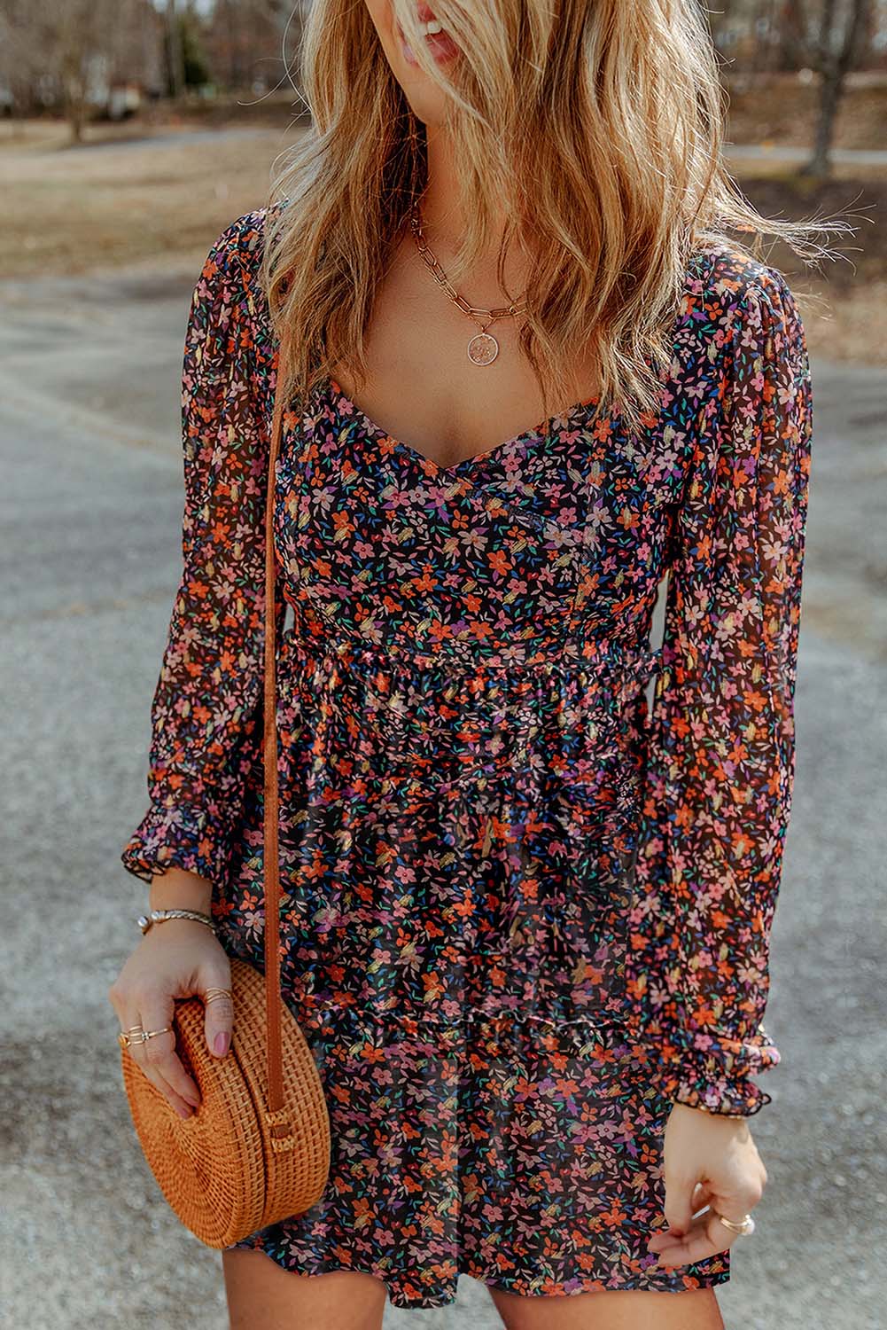 V Neck Bubble Sleeve Floral Blouse