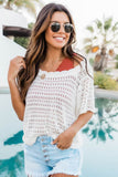 Scalloped Neckline Open Knit Short Sleeve Sweater