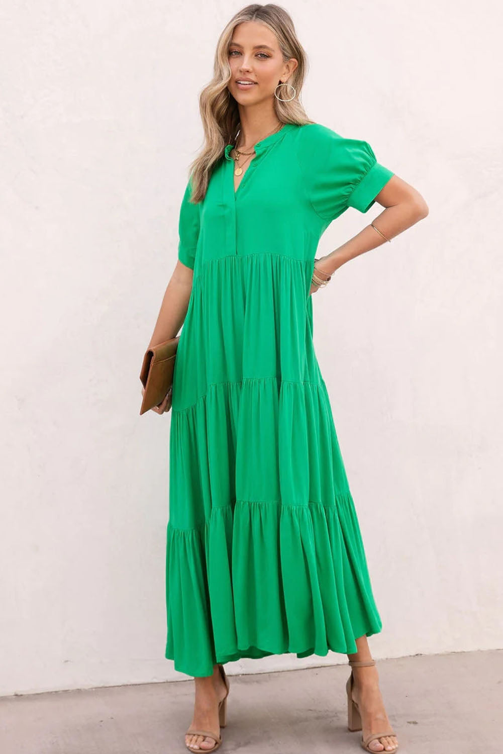 Notch V Neck Bubble Sleeve Tiered Maxi Dress