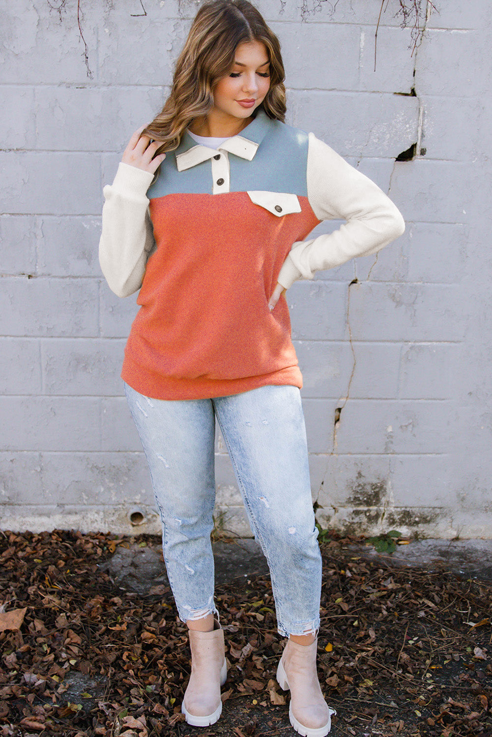 Buttoned Color Block Long Sleeve Top