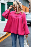 Crinkle Collared V-Neck Bubble Sleeve Flowy Blouse