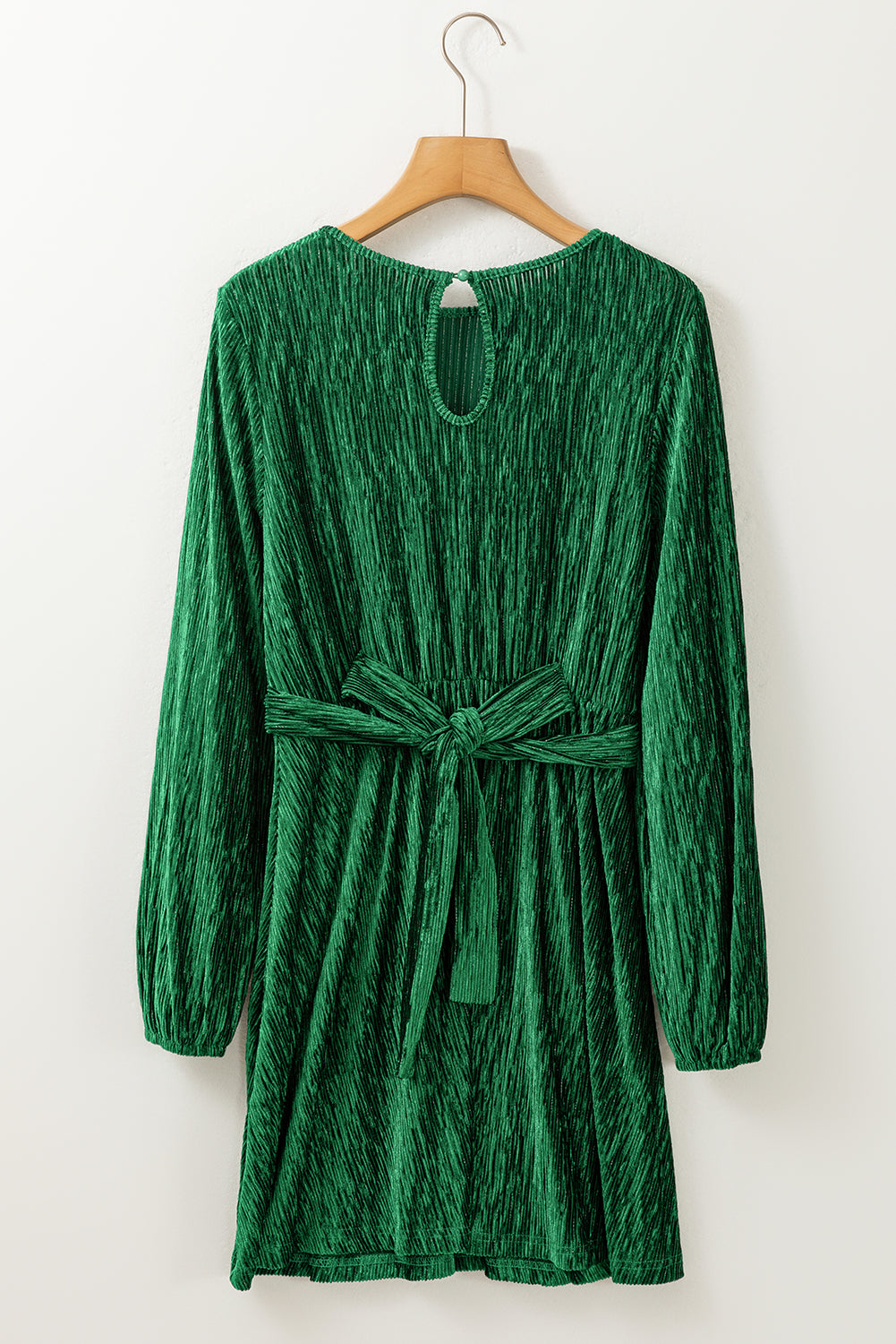 Green Tie Waist Crinkle Velvet Dress