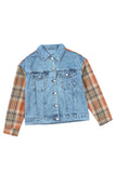 Medium Wash Plaid Sleeves Denim Jacket