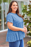 Pink Plus Size Eyelet Pattern Ruffle Sleeve Babydoll Top