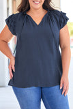 Blue Tiered Ruffled Sleeve Drawstring V Neck Plus Size Blouse