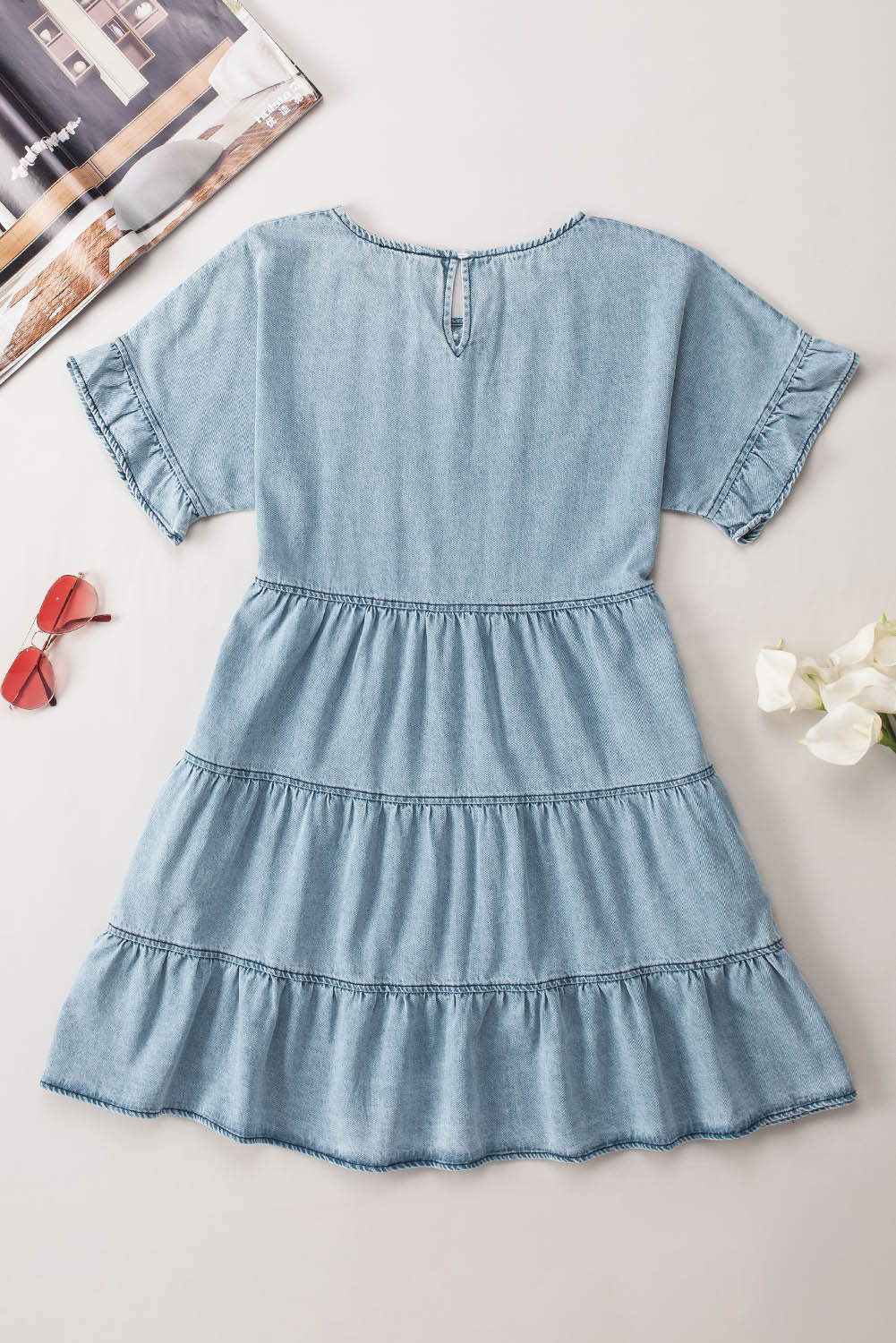 Ruffled Short Sleeves Tiered Denim Dress