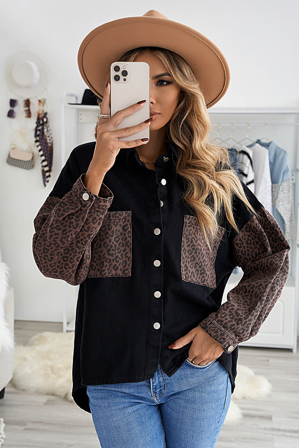 Contrast Leopard Denim Jacket