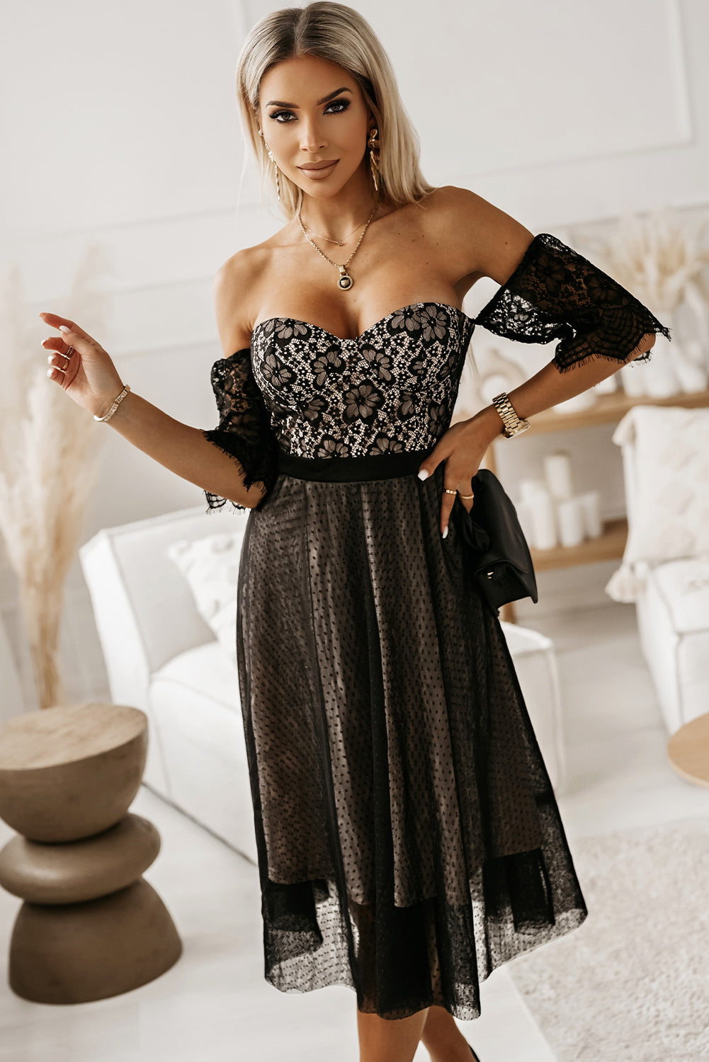 Dotted Lace Mesh Off Shoulder Dress