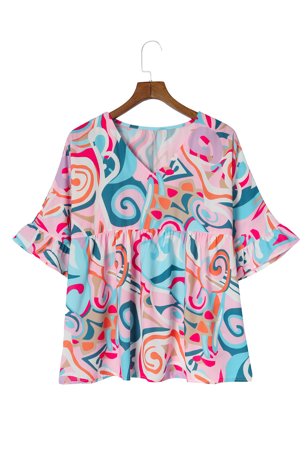 Abstract Print Ruffle V Neck Blouse