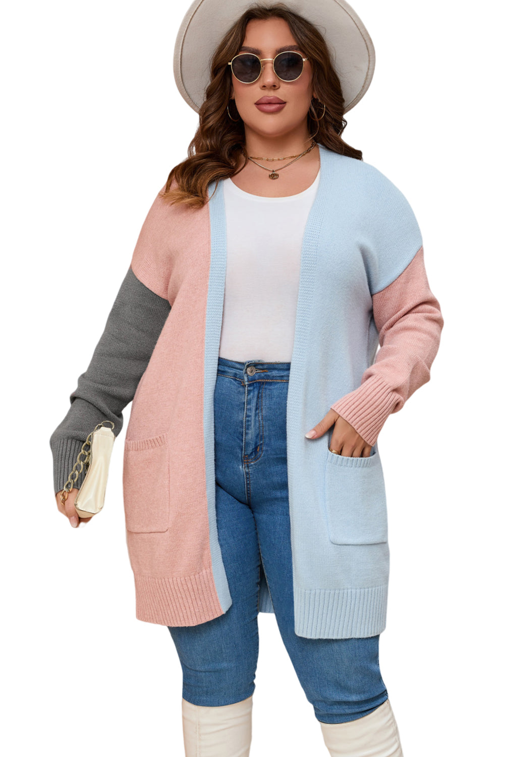 Plus Size Colorblock Pocketed Open Front Cardigan