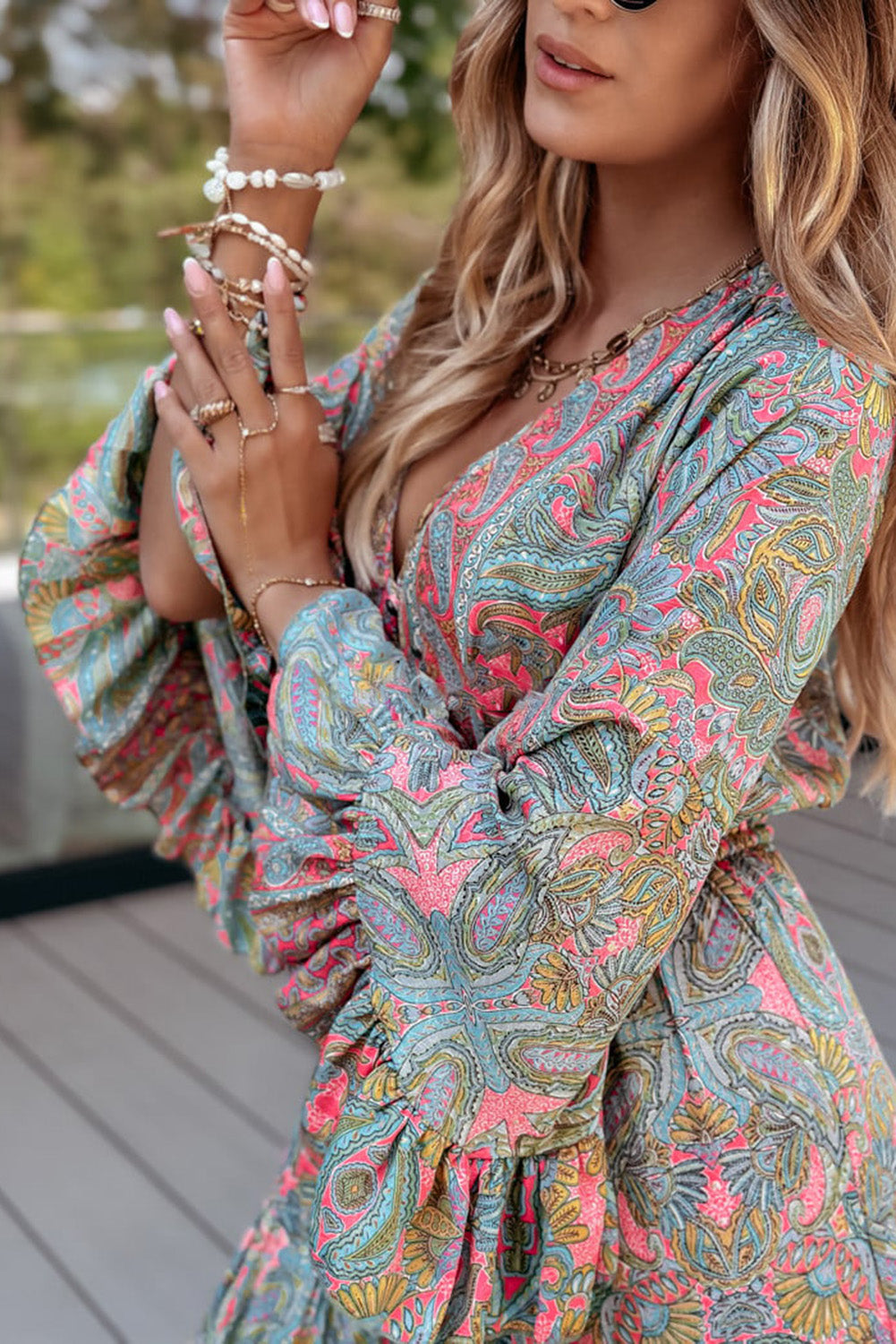 Green Paisley Printed Ruffle Trim Elegant Maxi Dress