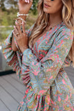 Green Paisley Printed Ruffle Trim Elegant Maxi Dress