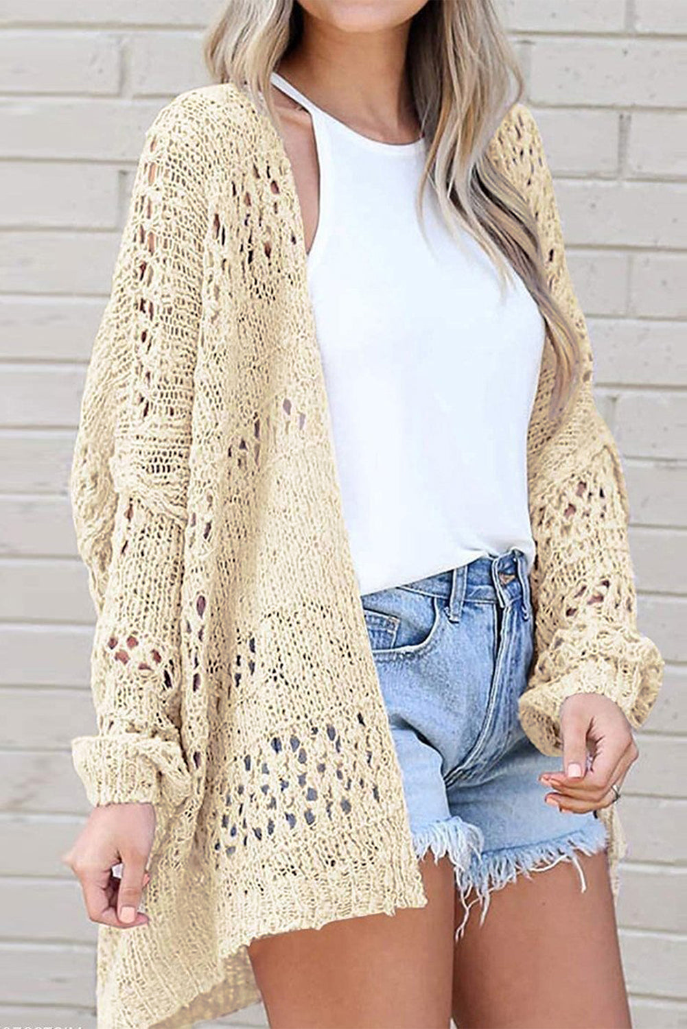 Pink Casual Hollowed Knit Dolman Sleeve Cardigan