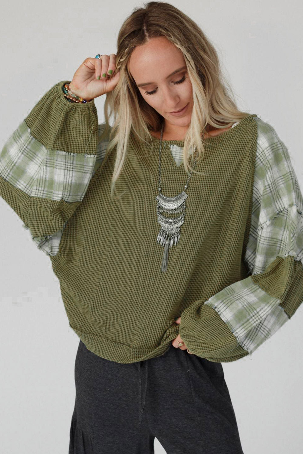 Plaid Patch Waffle Knit Exposed Seam Bubble Sleeve Top