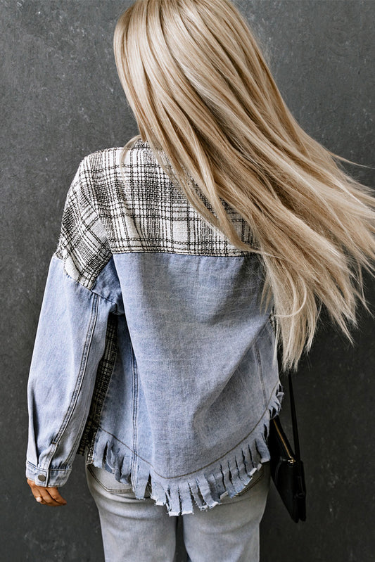 Plaid Patchwork Fringed Flap Pockets Denim Jacket