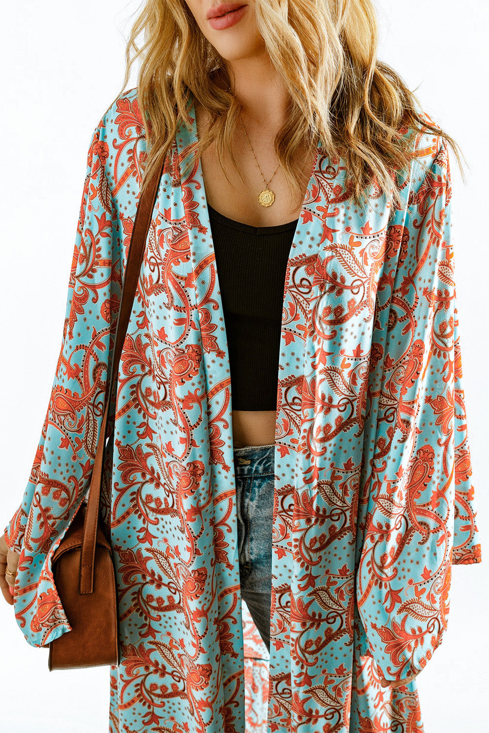 Kimono surdimensionné à manches longues et imprimé floral rétro style bohème bleu ciel