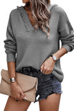 V Neck Ribbed Drop Shoulder Hooded Sweater