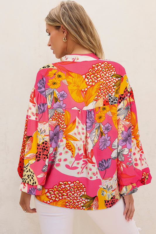 Red Abstract Floral Print Buttoned Ruffled Bubble Sleeve Shirt