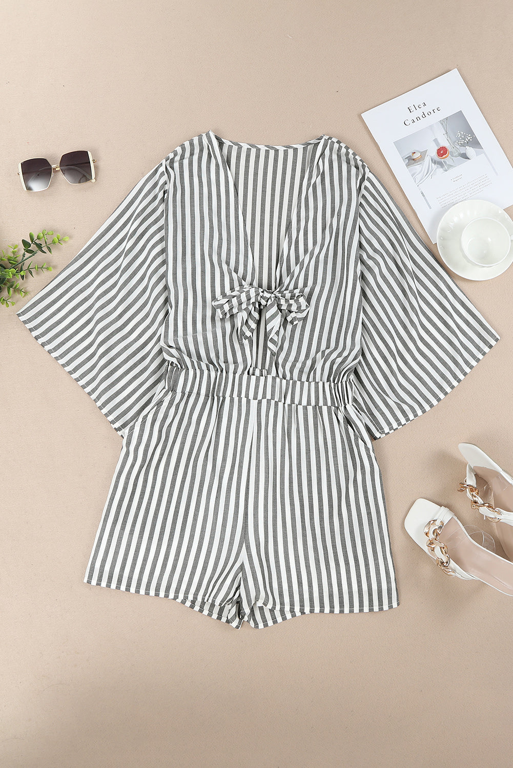 3/4 Wide Kimono Sleeves Tie Front Striped Romper with Pockets