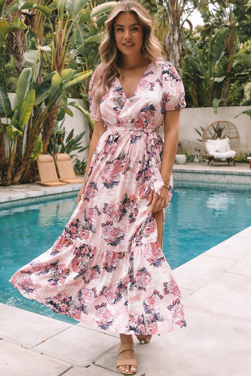 Floral Puff Sleeve High Waist Maxi Dress