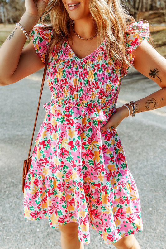 Smocked Bodice Ruffle Trim Floral Dress