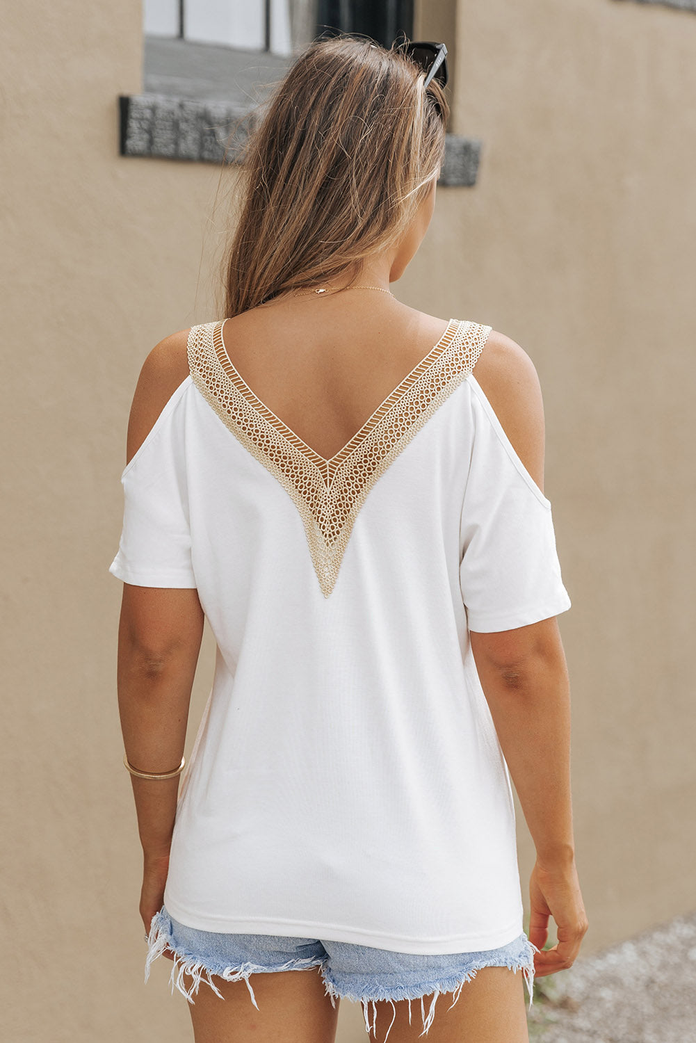 White Contrast Guipure Lace Cold Shoulder Tee