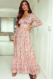 Robe longue bohème florale sexy à col en V et volants rose