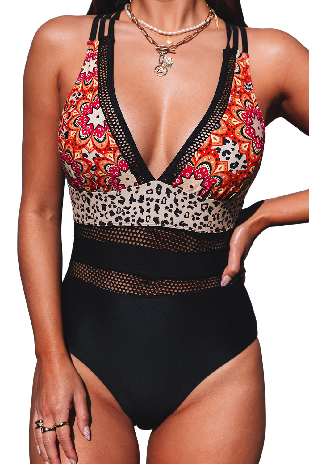 Floral Leopard Splicing Color Block Mesh One Piece Swimsuit