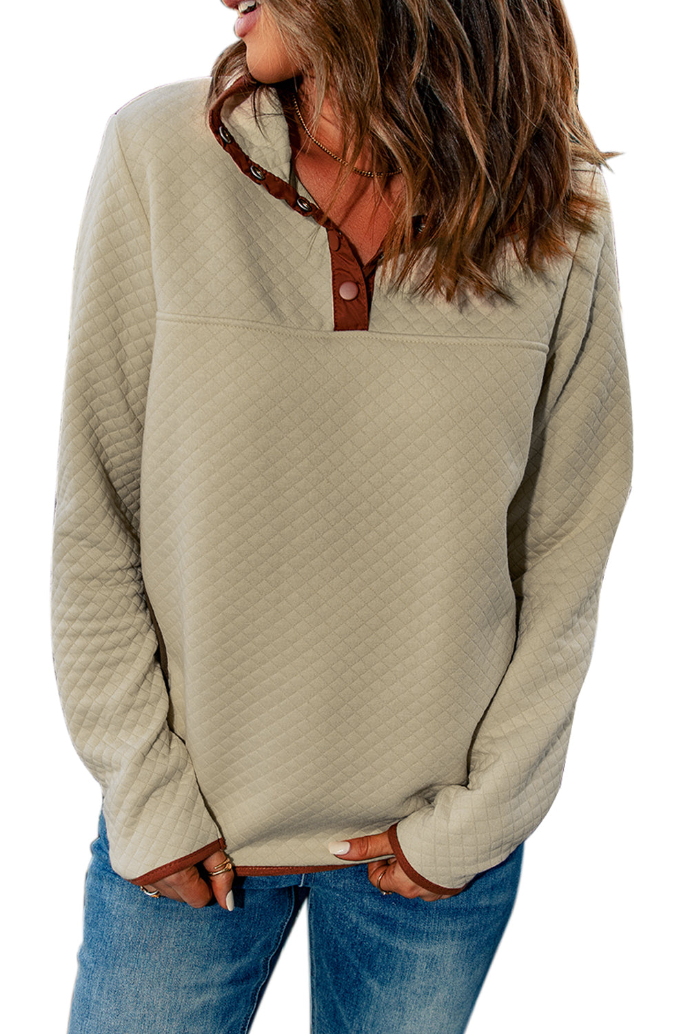 Contrast Binding Snap Button Geometric Pullover Sweatshirt