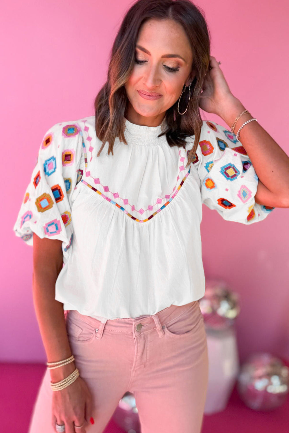 White Embroidered Smocked Neck Puff Sleeve Top