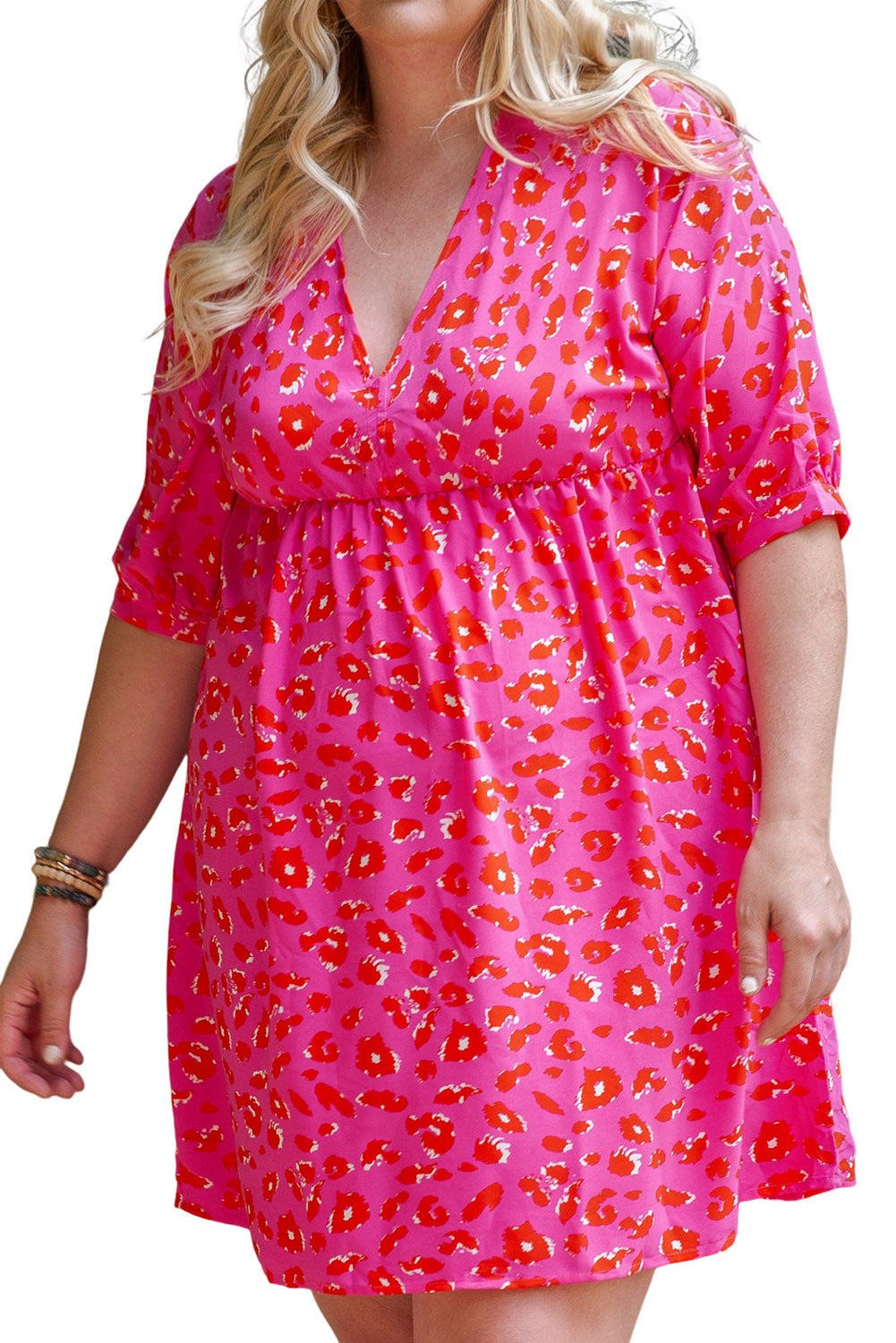 Plus Size 3/4 Sleeves V Neck Leopard Dress