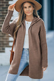 Brown Horizontal Rib Knitted Open Front Hooded Cardigan