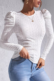 Jacquard Textured Puff Sleeve O-Neck Top