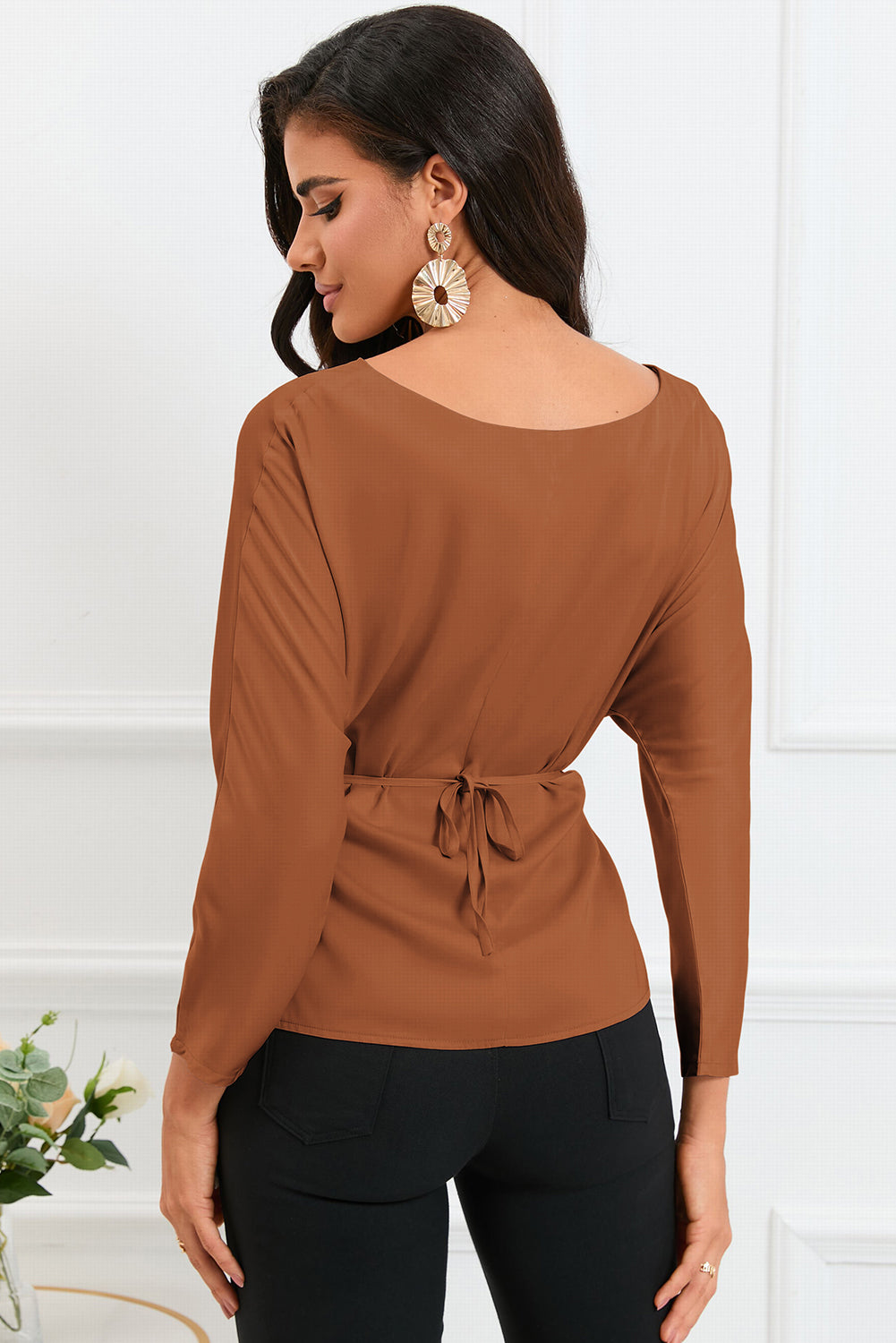 Lace-up Wrapped Split Hem Solid Long Sleeve Top