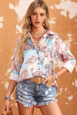 Boho Paisley Print Lantern Sleeve Button-Down Shirt