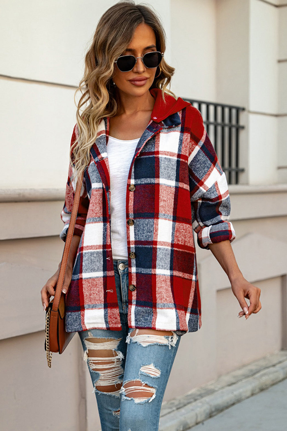 Hooded Plaid Button Front Shacket