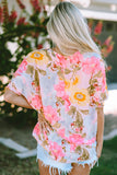 Pink Shirred Cuff 3/4 Sleeve Loose Fit Floral Blouse