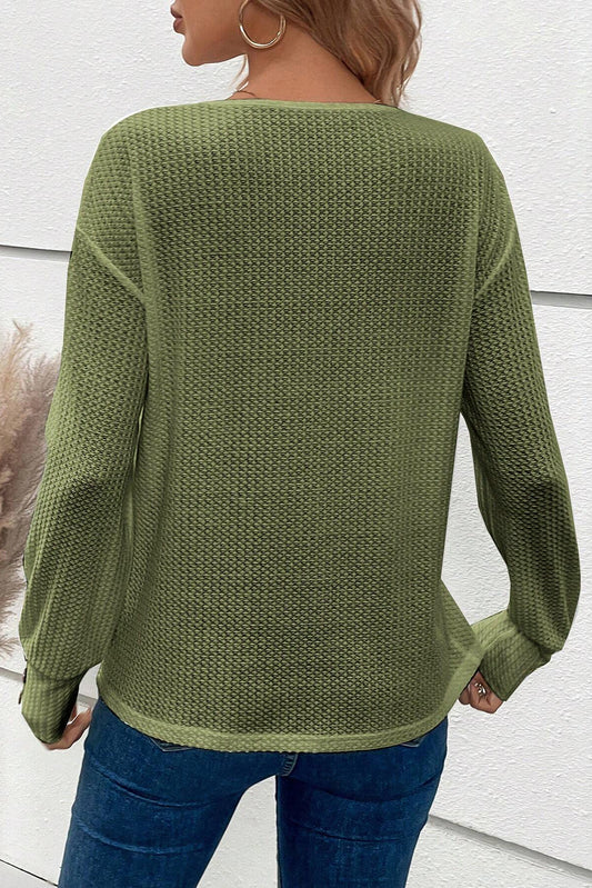 Jungle Green Textured Knit V Neck Button Cuffs Long Sleeve Top