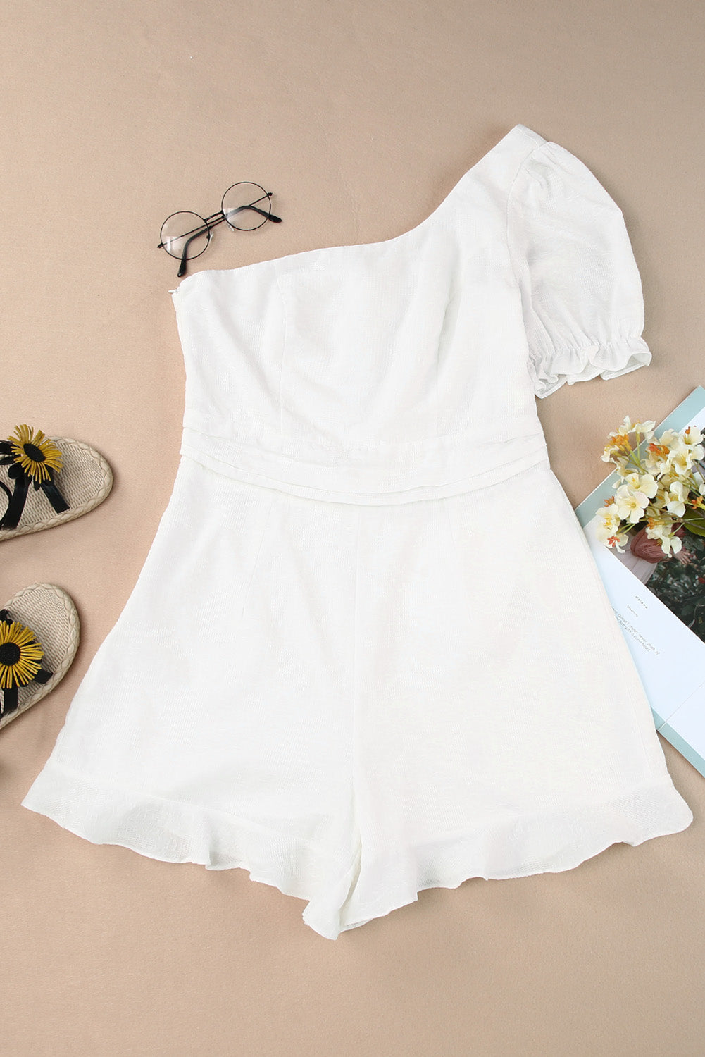 One-shoulder Puff Sleeves Romper with Ruffle Trim