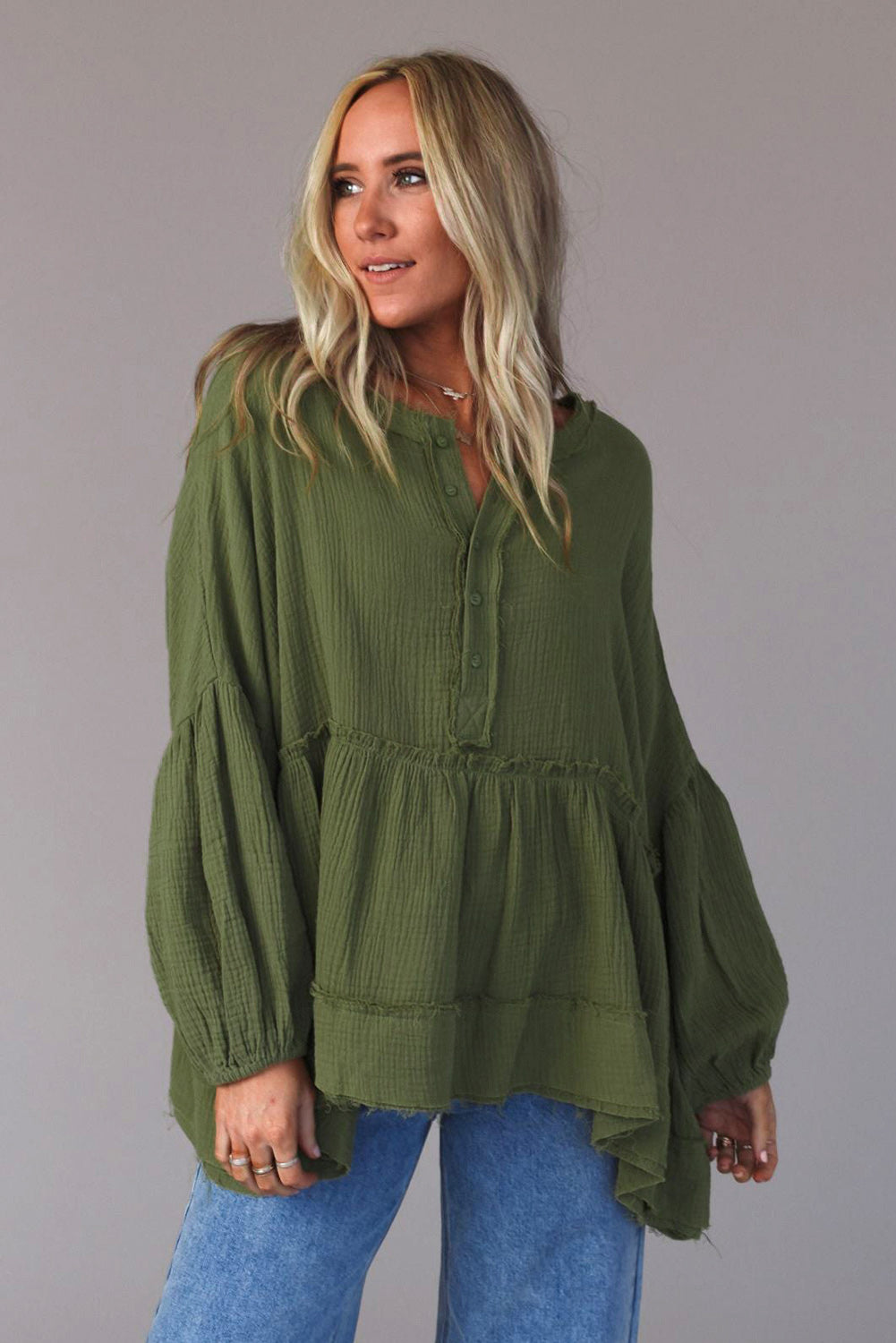 Henley Button Drop Shoulder Loose Sleeve Raw Edge Top