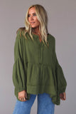 Henley Button Drop Shoulder Loose Sleeve Raw Edge Top