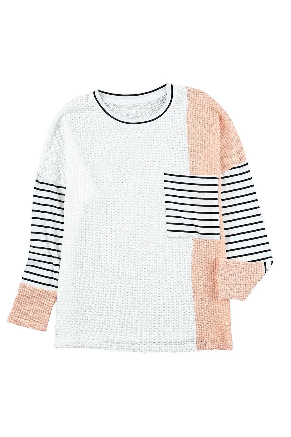 Colorblock Striped Splicing Waffle Knit Long Sleeve Top