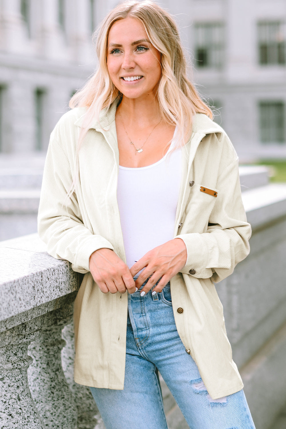 Corduroy Buttoned Front Pocketed Shacket