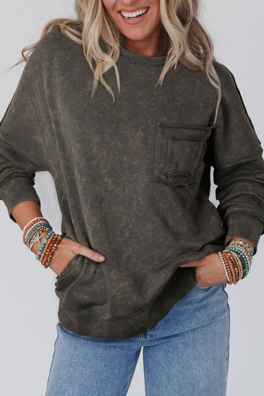 Acid Wash Drop Shoulder Long Sleeve Sweatshirt with Pockets