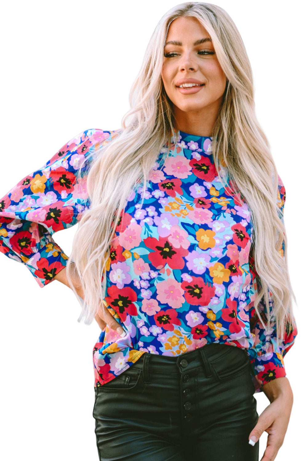 Mock Neck Bubble Sleeve Floral Print Blouse